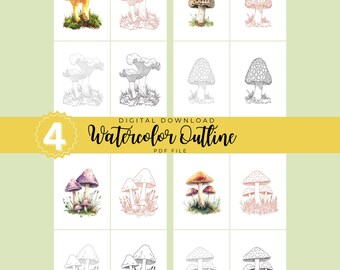 Set 2 Mushrooms Watercolor Outline Bundle | 4 Botanical Templates | Printable PDF for Multi-Technique Painting