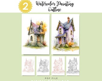 Whimsical House Watercolor Outlines | Fairy Tale Cottage & Victorian Home Painting Template