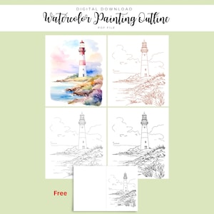May include: Digital download of a watercolor painting outline featuring a lighthouse. The image includes a colorful watercolor painting of a lighthouse, along with three line drawings of the same lighthouse. The word "Free" is printed at the bottom.