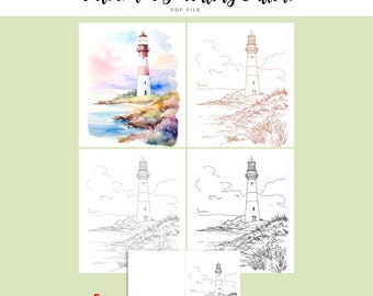 Lighthouse Watercolor Outline | Coastal Landscape Painting Template | Nautical Coloring Page