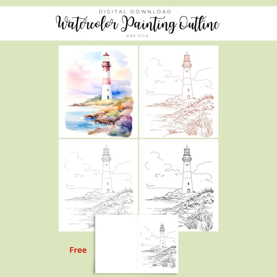Lighthouse Watercolor Outline | Coastal Landscape Painting Template | Nautical Coloring Page