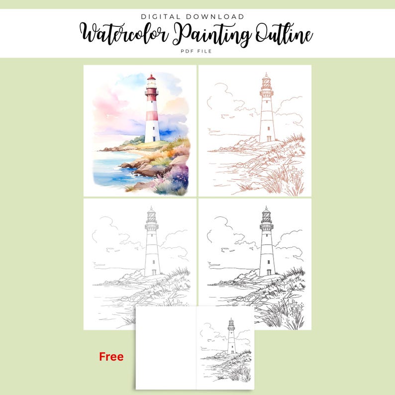 May include: Digital download of a watercolor painting outline featuring a lighthouse. The image includes a colorful watercolor painting of a lighthouse, along with three line drawings of the same lighthouse. The word "Free" is printed at the bottom.