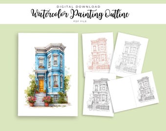 Blue Row House Watercolor Outline | City Townhouse Coloring Page