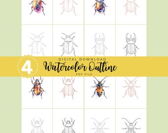 Beetles Watercolor Outlines | Bug Painting Template | Decor And Card DIY (PDF Download)