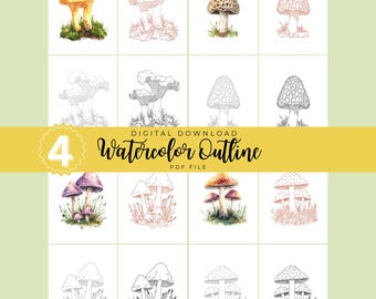 Set 2 Mushrooms Watercolor Outline Bundle | 4 Botanical Templates | Printable PDF for Multi-Technique Painting