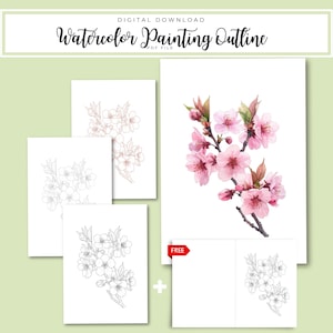 May include: Digital download of a watercolor painting outline. The image features a watercolor painting of pink cherry blossoms and several line drawings of cherry blossoms. The text "Watercolor Painting Outline" is at the top.