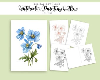 Blue Poppy Watercolor Outline | Himalayan Botanical Painting Template | Flower Coloring Page