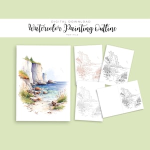 May include: Digital download of a watercolor painting outline. The main image is a watercolour painting of a coastal scene with white cliffs, blue water, and a sandy beach. Additional outlines are included.