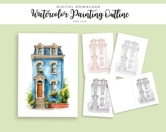 Vintage Blue Row House Watercolor Outline | European Townhouse Painting Template