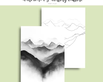 Monochrome Mountain Watercolor Outline | Minimalist Misty Peaks Painting Template (Digital Download)