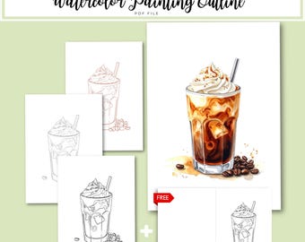 May include: Digital download of a watercolor painting outline. The image shows a watercolour painting of an iced coffee with whipped cream, ice cubes, and coffee beans. There are also several black and white line drawings of the same iced coffee.