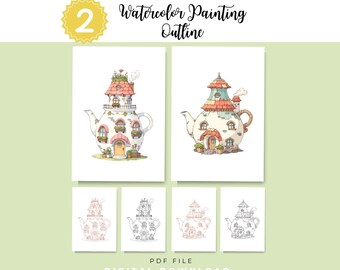 Teapot House Watercolor Outlines | Whimsical Fairy Tale Cottage Painting Template (PDF Download)