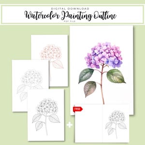 May include: Digital download of a watercolor painting outline. The image features a vibrant watercolor painting of a hydrangea flower in shades of purple and pink, along with several outline versions. The text "Watercolor Painting Outline" is displayed at the top.