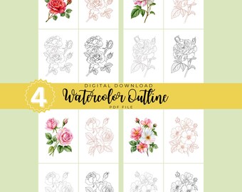 Set 2 Rose Bouquet Watercolor Outlines | Botanical Floral Painting Template Bundle | Coloring Page PDF