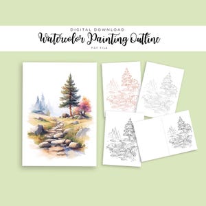 May include: Digital download of a watercolor painting outline. The main image is a watercolor landscape with a path leading through a forest. Additional outline versions are included, offering a variety of coloring options. Text on the image reads "Watercolor Painting Outline" and "PDF File."