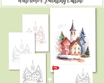 Cozy Winter Village Watercolor Outline | DIY Card Template (PDF Pattern)