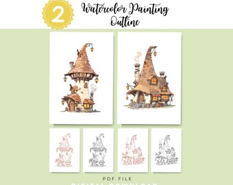Whimsical House Watercolor Outlines | Fairy Tale Cottage Line Art (PDF Download)