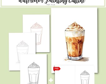 May include: Digital download of a watercolor painting outline. The image shows a watercolour painting of a coffee drink with whipped cream, and several outline drawings of the same drink. The text "Watercolor Painting Outline" is at the top.