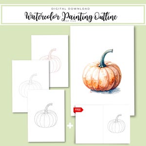 May include: A digital download featuring a watercolor painting outline of a pumpkin. The image includes a watercolor painting of a pumpkin and several line drawings of pumpkins. The text "Watercolor Painting Outline" is at the top.