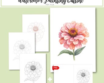 Zinnia Watercolor Outline PDF | Botanical Flower Template