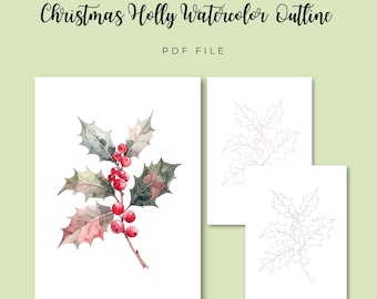 Christmas Holly Watercolor Outline PDF | Painting Template