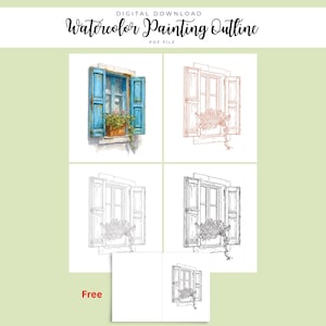 Puede incluir: Descarga digital con un contorno de pintura de acuarela de una ventana con contraventanas azules y una jardinera. La imagen incluye una versión en acuarela y dibujos lineales en varios estilos. También es visible la palabra "Free".