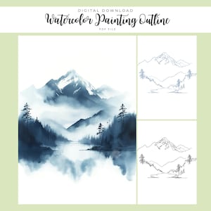 May include: Digital download of a watercolor painting outline. The image features a serene landscape with a mountain range, a lake, and trees in shades of blue. The text "Watercolor Painting Outline" is at the top.