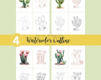 Cactus Watercolor Outlines | Desert Plant Bundle Painting Template | Botanical Coloring Pages