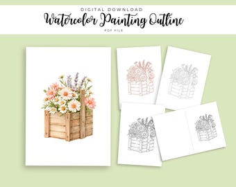 Rustic Crate Wildflowers Watercolor Outline | Floral Arrangement Painting Template | Botanical DIY Card PDF