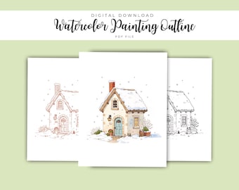 May include: Digital download of a watercolor painting outline. The image shows three illustrations of cottages in the snow. The cottages have red brick chimneys, snow-covered roofs, and blue doors. Text at the top reads "Watercolor Painting Outline".