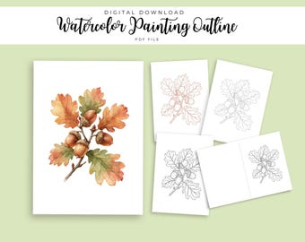 Autumn Oak Leaves Acorn Watercolor Outline | Botanical Painting Template | DIY Greeting Card | PDF
