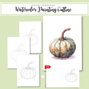 May include: A digital download featuring a watercolor painting outline of a pumpkin. The image includes a watercolor painting of a pumpkin with green, orange, and brown hues, and several line drawings of pumpkins. Text reads "Watercolor Painting Outline" and "PDF File."