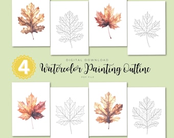 May include: Eight rectangular cards featuring watercolour leaf designs and outlines in shades of brown, orange, and red. The text "DIGITAL DOWNLOAD Watercolor Painting Outline PDF FILE" is displayed. A yellow badge with the number "4" is in the upper left.
