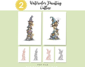 May include: A digital download featuring two watercolour painting outlines of tall, crooked fantasy towers. The set includes coloured versions and line art sketches in PDF format, with the text Watercolour Painting Outline and PDF File Digital Download.