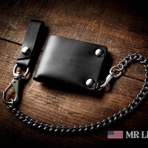 Handmade Leather Chain Wallet with Snap Closure, Durable Biker Wallet with Stainless Steel Chain, USA Made, Motorcyclists, Mr Lentz