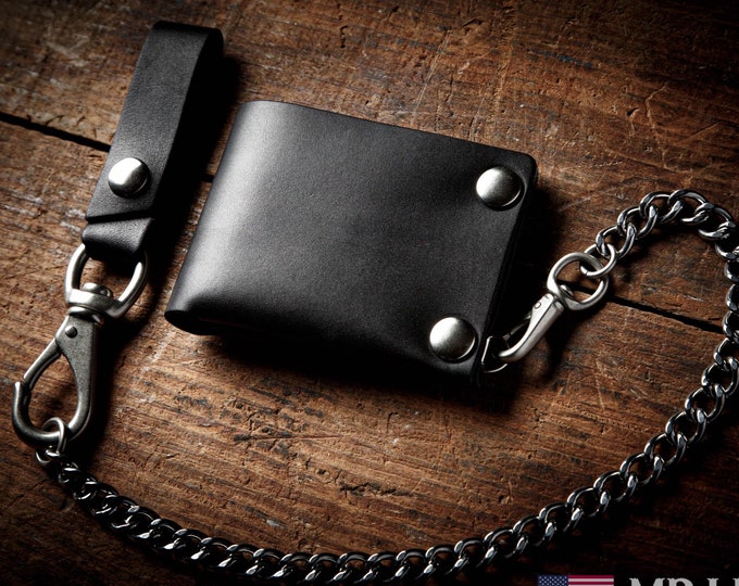 Handmade Leather Chain Wallet with Snap Closure, Durable Biker Wallet with Stainless Steel Chain, USA Made, Motorcyclists, Mr Lentz