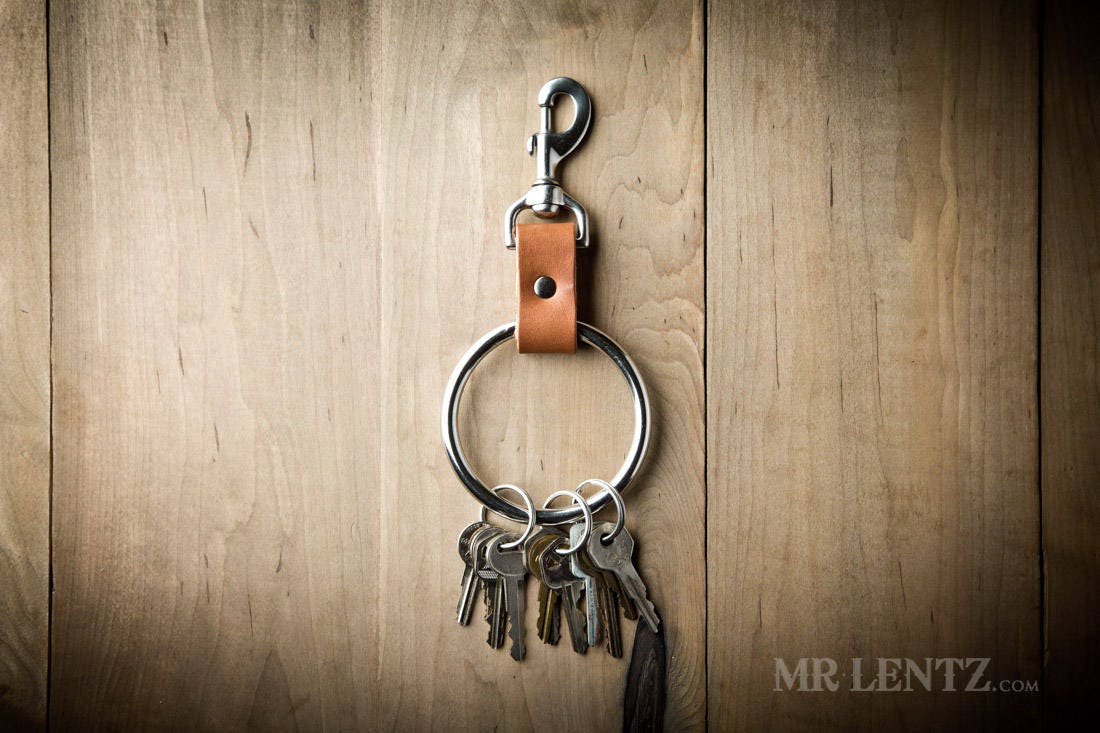 Leather Keychain Fob - Double Clips - USA Made, Black, Monogrammed, Full Grain Leather, Handmade by Mr. Lentz