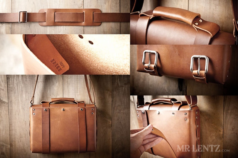 Pode incluir: Uma bolsa de mensageiro de couro marrom com al&ccedil;a superior, al&ccedil;a de ombro ajust&aacute;vel e fivelas prateadas. A bolsa tem uma etiqueta de marca "MR. LENTZ" no canto inferior direito.