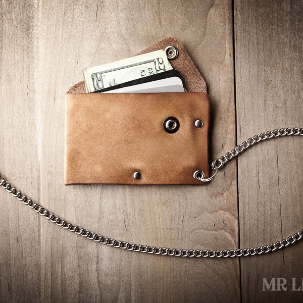 Leather Chain Wallet with snap, leather card wallet, men's wallet, thin chain wallet, simple snap wallet  020_CH