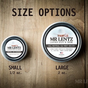 May include: Two sizes of leather conditioner in silver tins. The smaller tin is labelled "Small 1/2 oz." and the larger tin is labelled "Large 2 oz.". Both tins feature the brand name "MR-LENTZ" and the product name "Leather Spiff N' Shine".