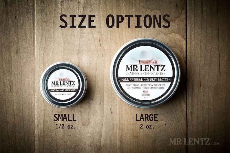 May include: Two sizes of leather conditioner in silver tins. The smaller tin is labelled "Small 1/2 oz." and the larger tin is labelled "Large 2 oz.". Both tins feature the brand name "MR-LENTZ" and the product name "Leather Spiff N' Shine".
