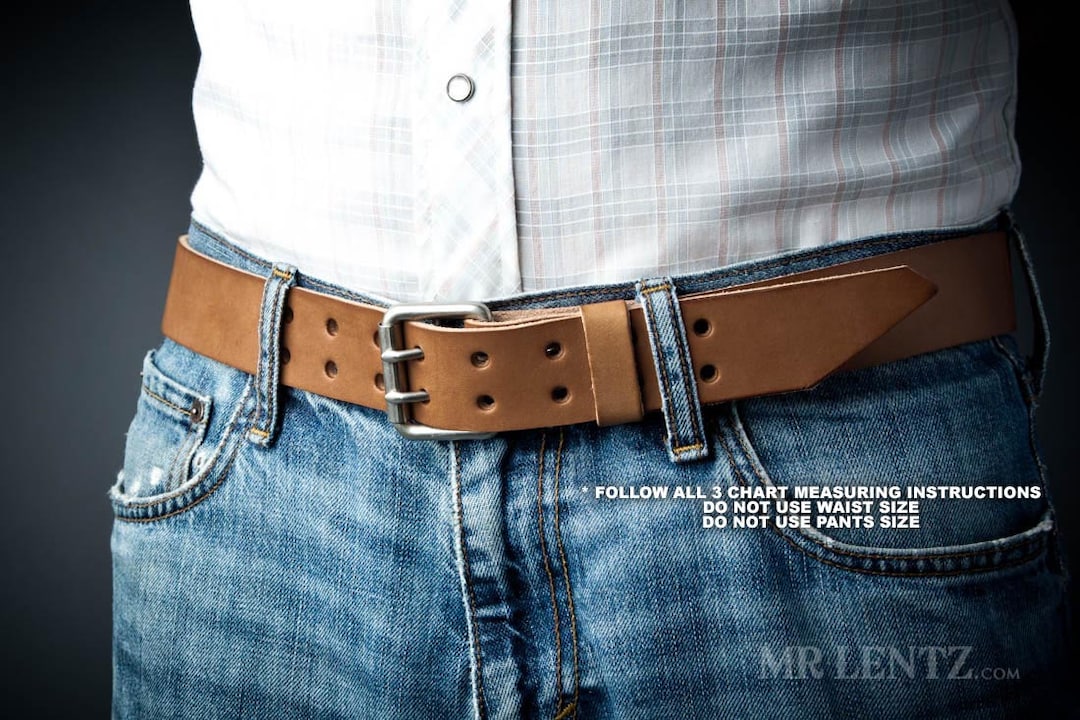 Double Tongue Leather Belt Regular Width, Thick Leather Belt, Mens