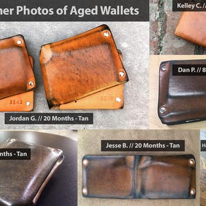 May include: A collage of six photos showing different leather wallets in various shades of brown and tan. The wallets are all folded and have a worn, aged look. The photos are labeled with the owner's initials, the number of months the wallet has been used, and the color of the leather.