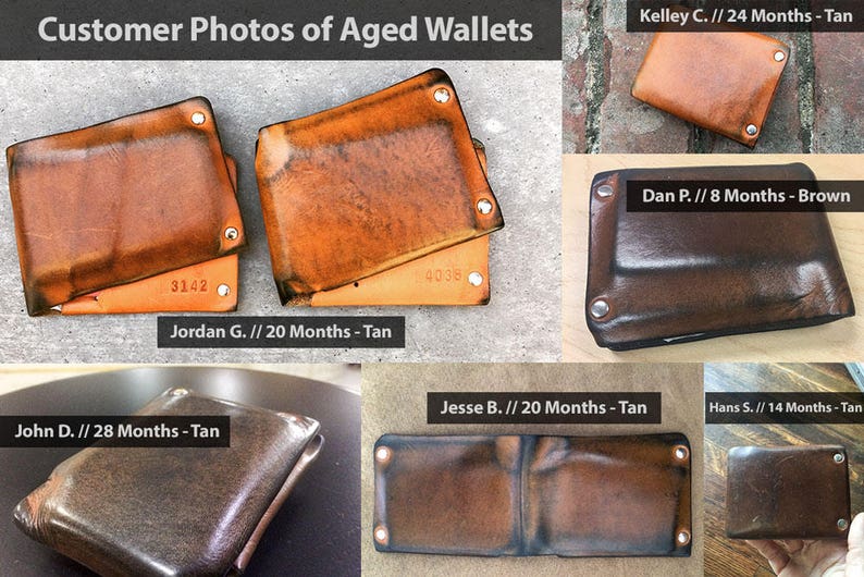 May include: A collage of six photos showing different leather wallets in various shades of brown and tan. The wallets are all folded and have a worn, aged look. The photos are labeled with the owner's initials, the number of months the wallet has been used, and the color of the leather.