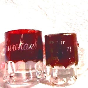 Antique Ruby Flash Glass Mini Mugs Souvenir Jerseyville  and Eureka Falls 1903