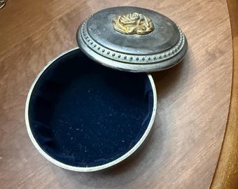 Vintage Silverplate Blue Velvet Lined Jewelry Casket 4" Diam. With Rose On Top