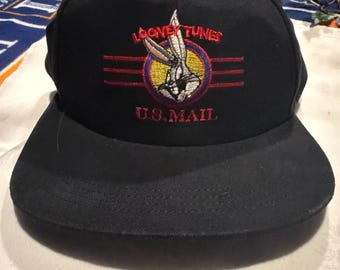 Looney Tunes Hat US Mail Bugs Bunny Black Stamp Collection VTG 90s SnapBack Cap