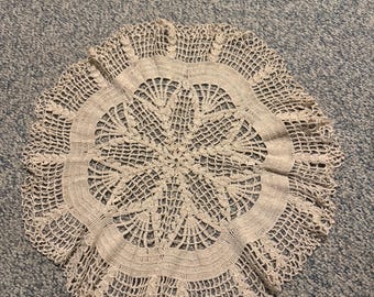 Vintage Hand  Crocheted Round Doily, Flower Design, Scalloped Edges, Light Beige