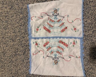 Vintage girl big dress Embroidery Dresser Topper/ Table Runner 35" x 12"