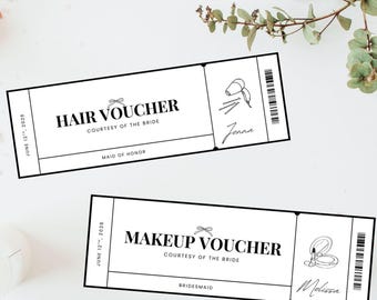 Może przedstawiać: Dwa białe vouchery z czarnym tekstem i ilustracjami liniowymi. Jeden mówi "Hair Voucher", a drugi "Makeup Voucher". Oba są "Courtesy of the Bride" i mają imiona i daty. Motyw weselny.
